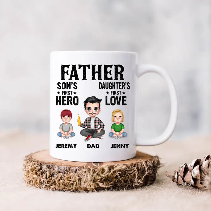 Custom Personalized Dad Coffee Mug - Upto 6 Kids - Father's Day Gift Idea for Dad - Father Son's First Hero Daughter's First Love