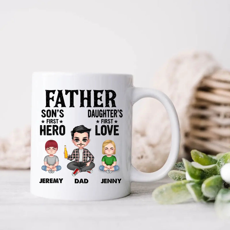 Personalized Dad Coffee Mug - Up to 6 Kids - Father's Day Gift Idea for Dad - Father Son's First Hero Daughter's First Love