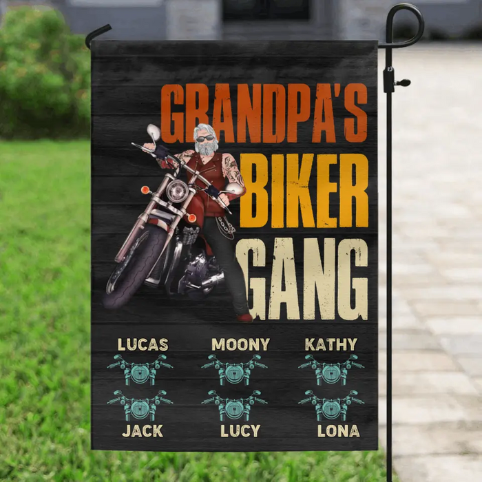 Custom Personalized Biker Flag Sign - Father's Day Gift Idea for Dad/Grandpa - Upto 6 Kids - Grandpa's Biker Gang