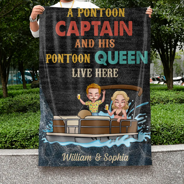 Custom Personalized Pontoon Couple Flag Sign - Gift Idea For Couple/Pontoon Lovers - A Pontoon Captain And His Pontoon Queen Live Here