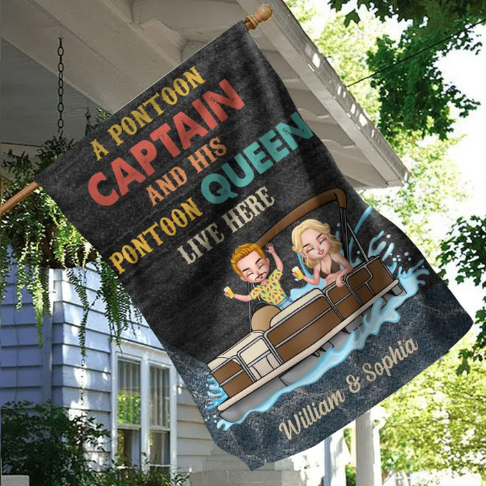 Custom Personalized Pontoon Couple Flag Sign - Gift Idea For Couple/Pontoon Lovers - A Pontoon Captain And His Pontoon Queen Live Here