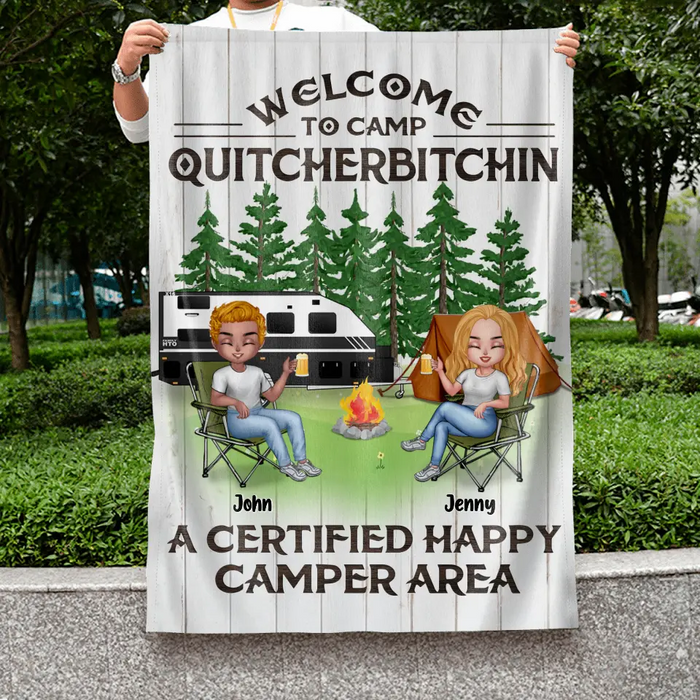 Custom Personalized Camping Flag - Upto 7 People - Gift Idea for Camping Lovers - Welcome To Camp Quitcherbitchin