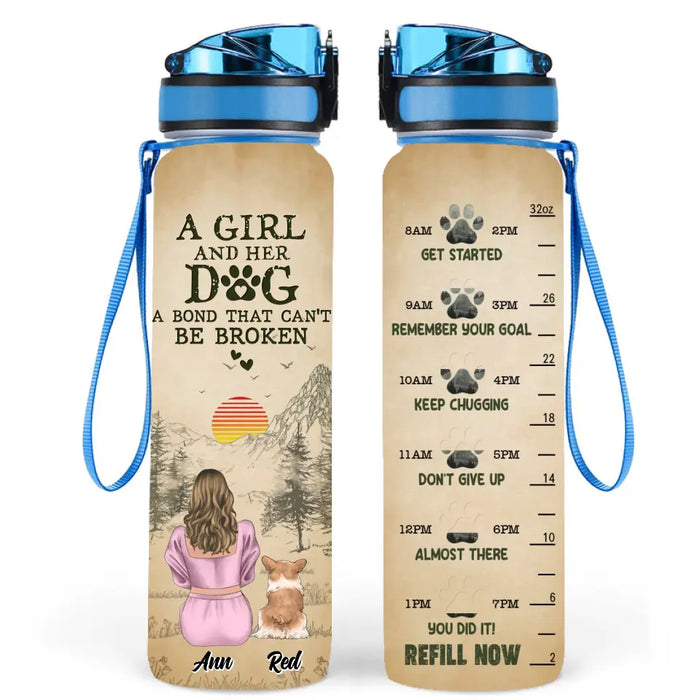 Custom Personalized Dog Mom Tracker Bottle - Upto 4 Dogs - Gift Idea Dog Lovers - A Girl And Her Dogs A Bond That Can't Be Broken