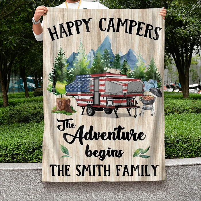 Custom Personalized Camper Flag Sign - Gift Idea For Camping Lovers/Family - Happy Campers The Adventure Begins