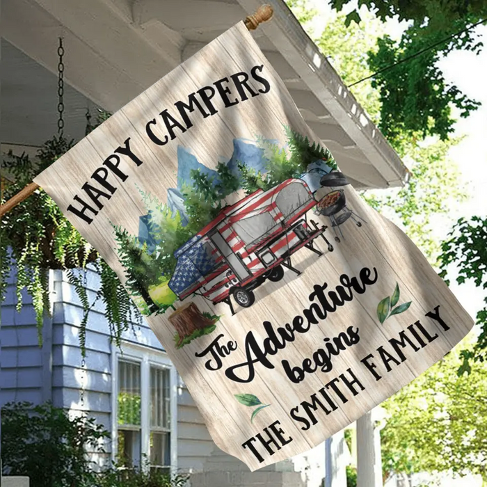Custom Personalized Camper Flag Sign - Gift Idea For Camping Lovers/Family - Happy Campers The Adventure Begins