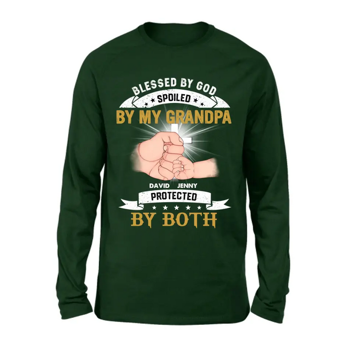 Custom Personalized Grandkids Shirt/Hoodie - Upto 5 Kids - Gift Idea For Grandma/Grandpa - Blessed By God Spoiled By My Grandpa Protected By Both