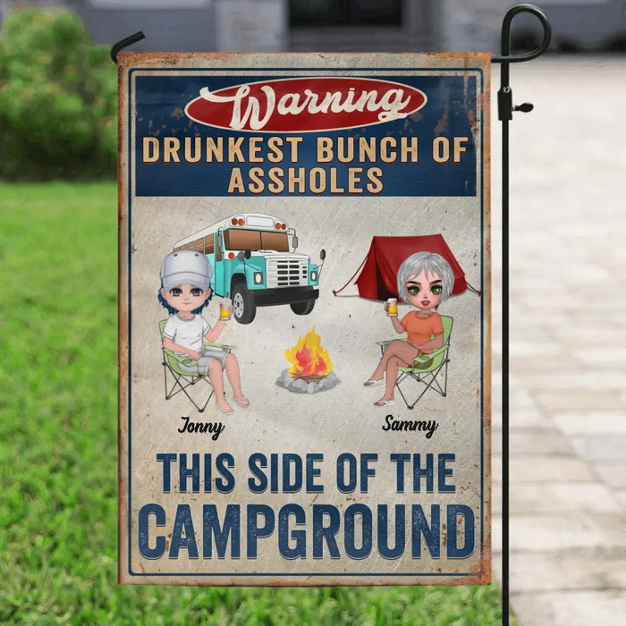 Custom Personalized Camping Flag - Upto 6 People - Gift Idea For Camping Lovers - Drunkest Bunch Of Assholes This Side Of The Campground