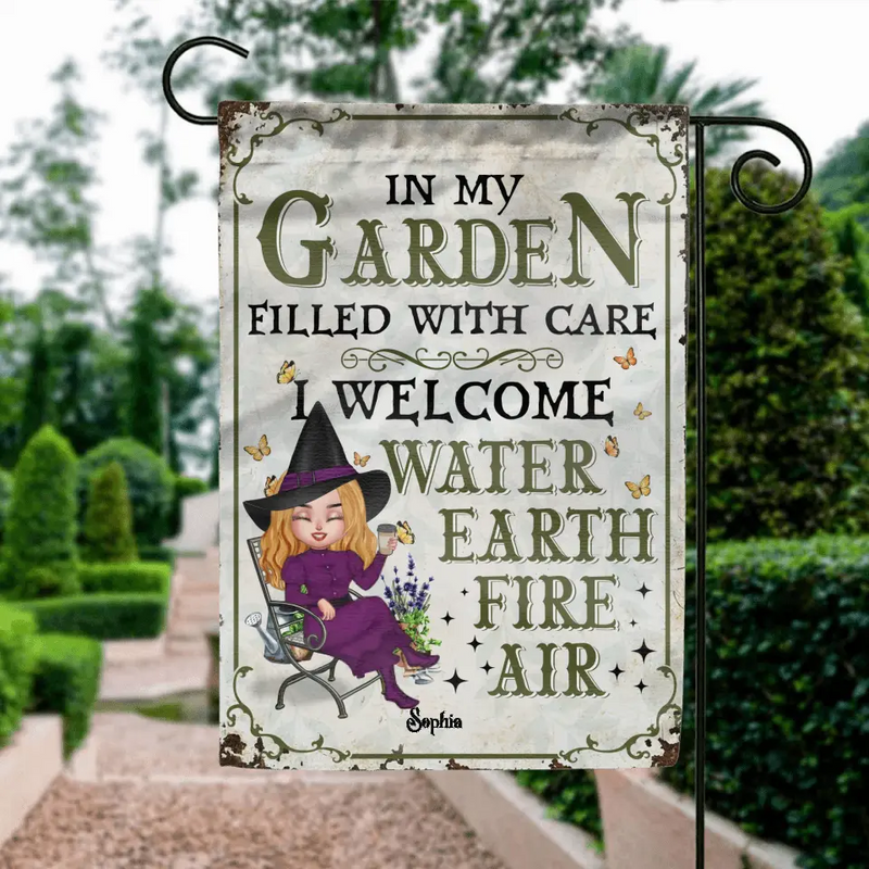 Personalized Garden Witch Flag Sign - Gift Idea For Halloween/Witch Lovers - In My Garden Filled With Care, I Welcome Water, Earth, Fire, Air