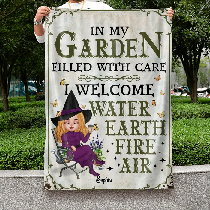 Custom Personalized Garden Witch Flag Sign - Gift Idea For Halloween/Witch Lovers - In My Garden Filled With Care, I Welcome Water, Earth, Fire, Air