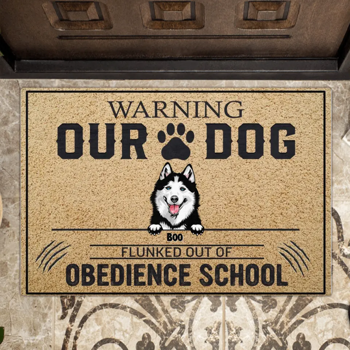 Custom Personalized Dog Doormat - Upto 5 Dogs - Gift Idea For Dog Lovers - Warning Our Dog Flunked Out Of Obedience School