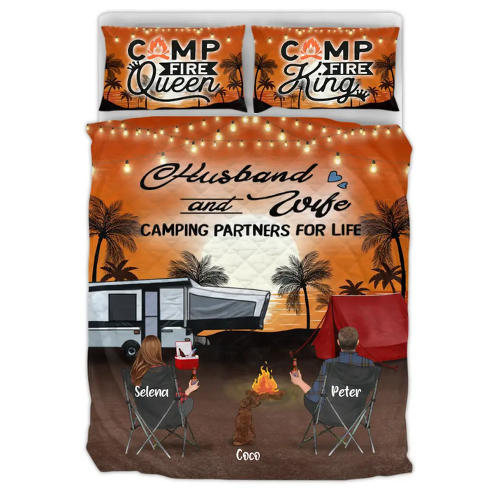 Custom Personalized Tropical Summer Camping Quilt Bed Sets - Gift for Whole Family, Camping Lovers - Couple/Parents With Up To 5 Pets, 4 Kids - Husband And Wife Camping Partners For Life