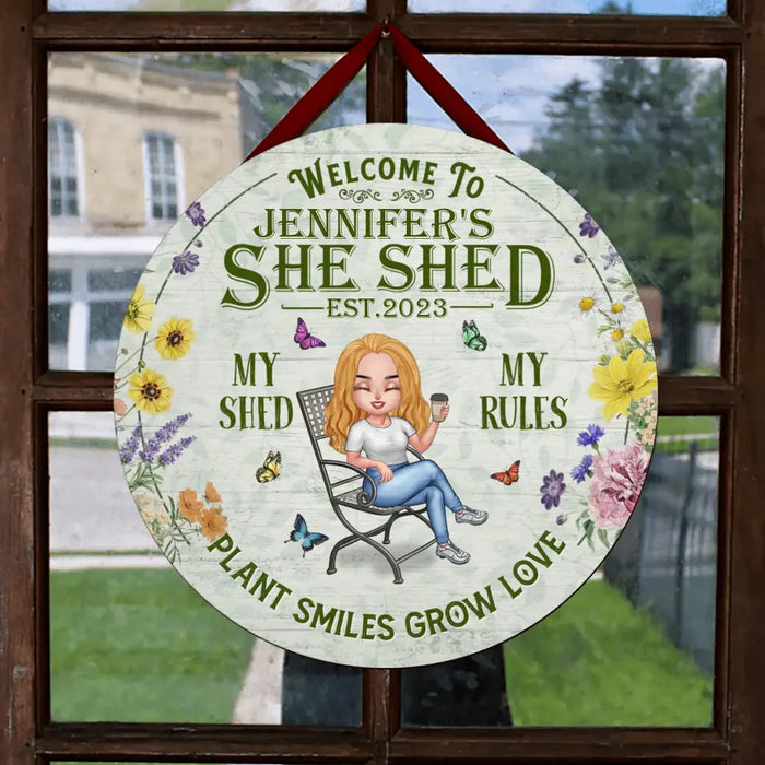 Custom Personalized Garden Circle Door Sign - Gift Idea For Garden Lovers - Welcome To She Shed My Shed My Rules Plant Smiles Grow Love