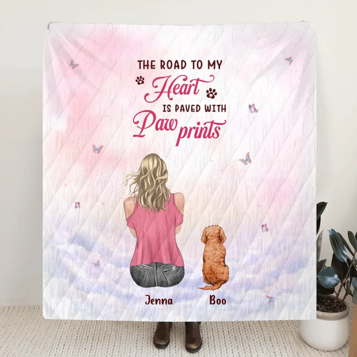 Custom Personalized Dog Mom Pillow Cover/Quilt/Single Layer Fleece Blanket - Upto 5 Dogs - Gift Idea For Dog Lovers - The Road To My Heart Is Paved With Paw Prints