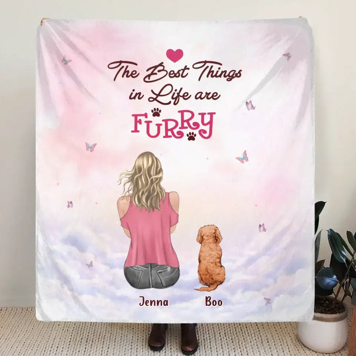Custom Personalized Dog Mom Pillow Cover/Quilt/Single Layer Fleece Blanket - Upto 5 Dogs - Gift Idea For Dog Lovers - The Best Things In Life Are Furry
