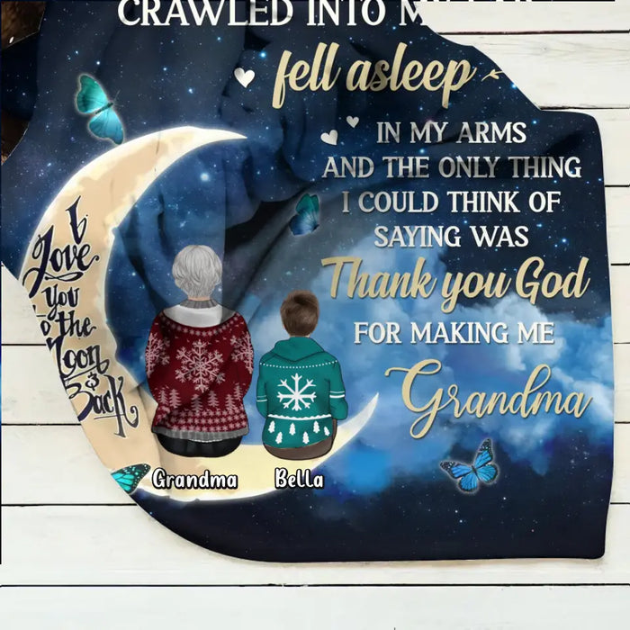 Custom Personalized Grandparents Quilt/Single Layer Fleece Blanket/Pillow Cover - Up to 4 Kids - Gift Idea for Grandpa/Grandma - Thank You God For Making Me Grandma