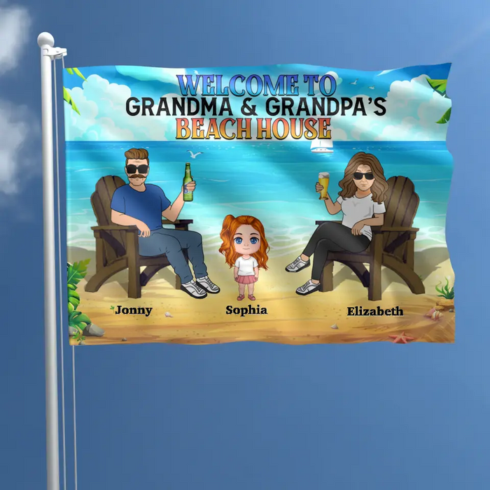 Custom Personalized Grandparent Flag - Upto 6 Kids - Gift Idea For Grandma/Grandpa - Welcome To Grandma & Grandpa's Beach House