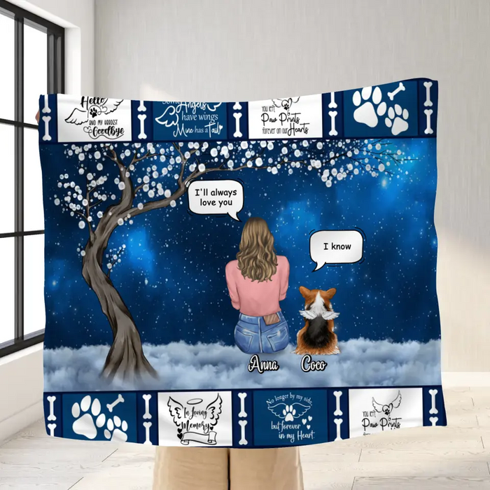 Custom Personalized Memorial Dog Mom/Dad Quilt/Single Layer Fleece Blanket - Woman/Man/Couple With Upto 4 Dogs - Best Gift For Dog Lover - I'll Always Love You
