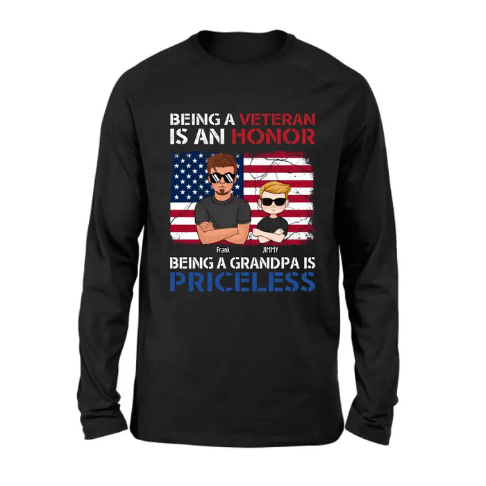 Custom Personalized Veteran Shirt - Upto 4 Grandkids - Gift Idea for Grandpa/Veteran - Being A Veteran Is An Honor Being A Grandpa Is Priceless