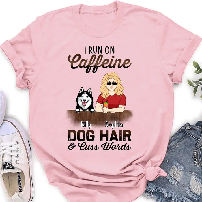 Custom Personalized Pet Mom Shirt/Hoodie - Upto 4 Dogs/Cats/Horses - Gift Idea For Pet Lovers - I Run On Caffeine Dog Hair & Cuss Words