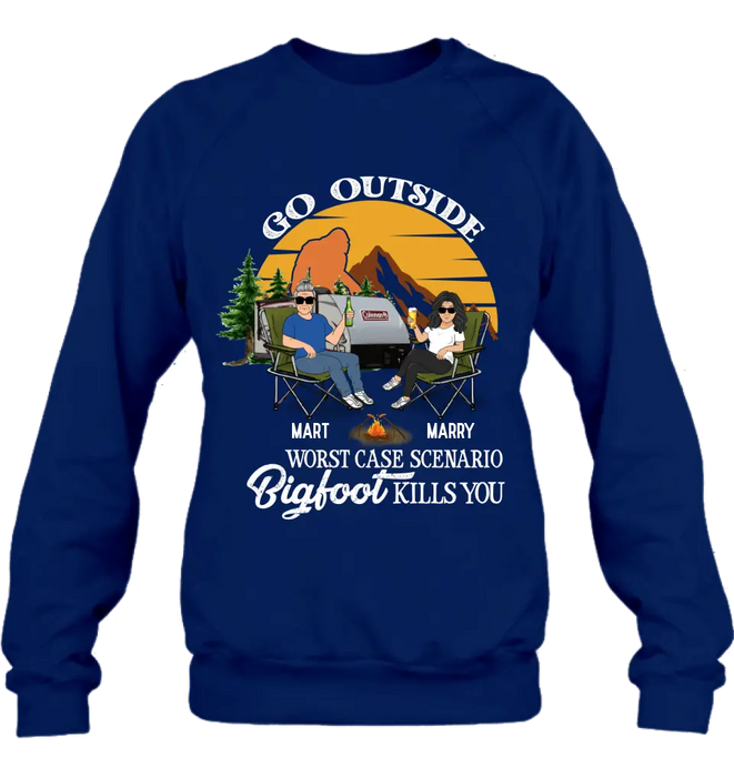 Custom Personalized Couple Camping Shirt/ Pullover Hoodie/Long sleeve/Sweatshirt - Gift Idea For Camping Lover - Go Outside Worst Case Scenario Bigfoot Kills You