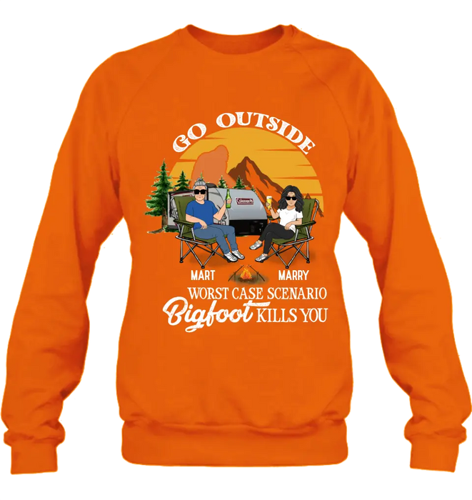 Custom Personalized Couple Camping Shirt/ Pullover Hoodie/Long sleeve/Sweatshirt - Gift Idea For Camping Lover - Go Outside Worst Case Scenario Bigfoot Kills You