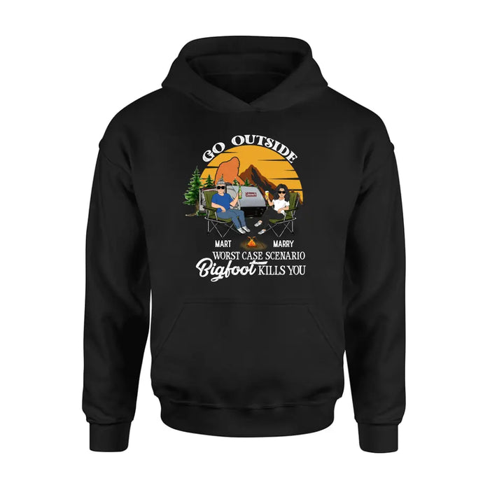 Custom Personalized Couple Camping Shirt/ Pullover Hoodie/Long sleeve/Sweatshirt - Gift Idea For Camping Lover - Go Outside Worst Case Scenario Bigfoot Kills You