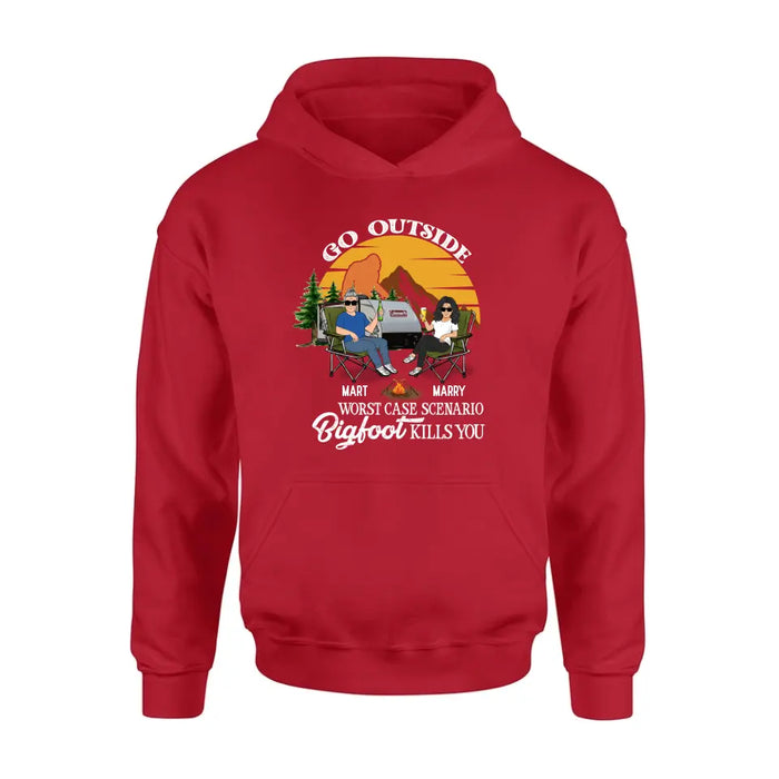 Custom Personalized Couple Camping Shirt/ Pullover Hoodie/Long sleeve/Sweatshirt - Gift Idea For Camping Lover - Go Outside Worst Case Scenario Bigfoot Kills You