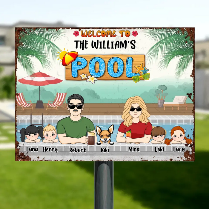 Custom Personalized Family Horizontal Metal Sign - Gift Idea For Family/Dog Lover - Upto 4 Kids - Welcome To The William's Pool