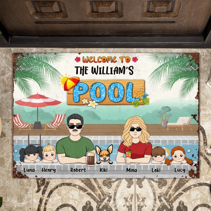 Custom Personalized Family Doormat - Gift Idea For Family/Dog Lover - Upto 4 Kids - Welcome To The William's Pool