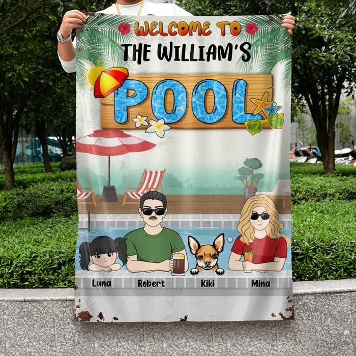 Custom Personalized Family Flag Sign - Gift Idea For Family/Dog Lover - Upto 4 Kids - Welcome To The William's Pool