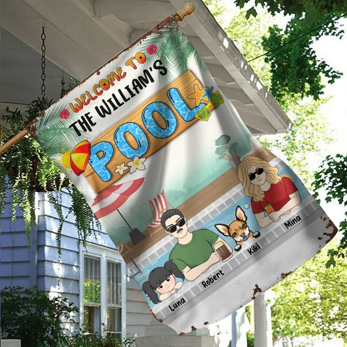 Custom Personalized Family Flag Sign - Gift Idea For Family/Dog Lover - Upto 4 Kids - Welcome To The William's Pool