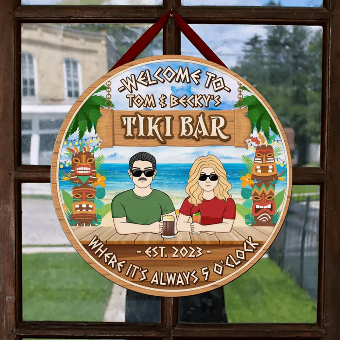 Custom Personalized Couple Wooden Sign - Gift Idea for Couple - Welcome To Tiki Bar Where It's Always 5 O'Clock