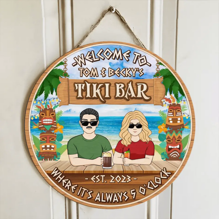 Custom Personalized Couple Wooden Sign - Gift Idea for Couple - Welcome To Tiki Bar Where It's Always 5 O'Clock