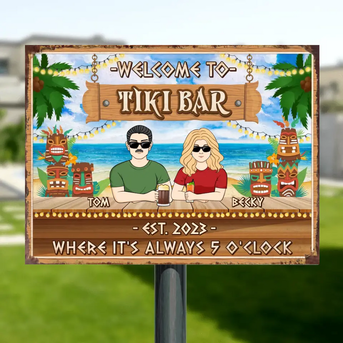 Custom Personalized Couple Horizontal Metal Sign - Gift Idea for Couple - Welcome To Tiki Bar Where It's Always 5 O'Clock