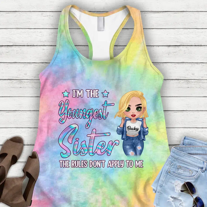 Personalized Sister AOP Women's Racerback Tank Top - Gift Idea For Sisters - I'm The Youngest Sister The Rules Don't Apply To Me