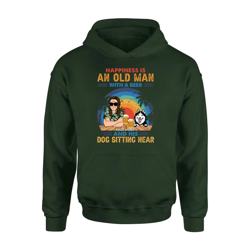 Personalized Dog Shirt/Hoodie - Gift Idea For Dog Lovers - Happiness Is An Old Man With A Beer And His Dog Sitting Near