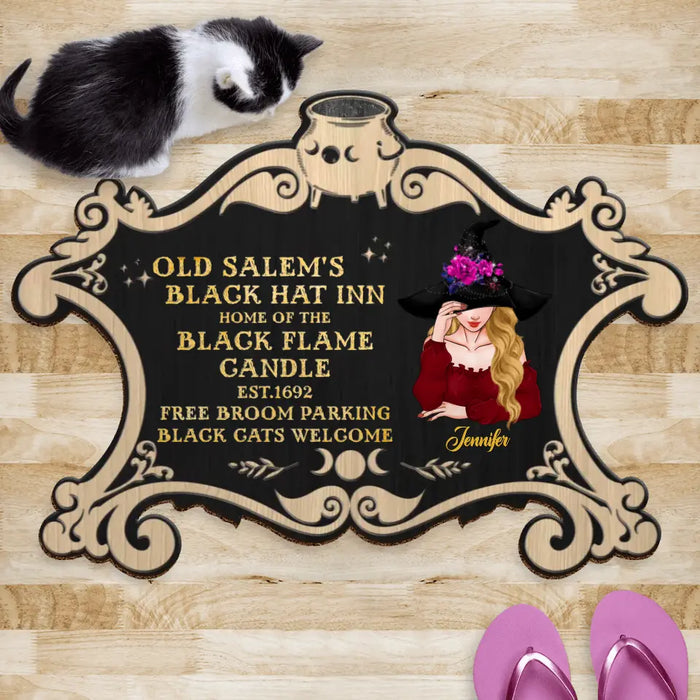 Custom Personalized Witch Doormat - Gift Idea For Halloween/Witch/Pagan Decor - Old Salem's Black Hat Inn Home Of The Black Flame Candle