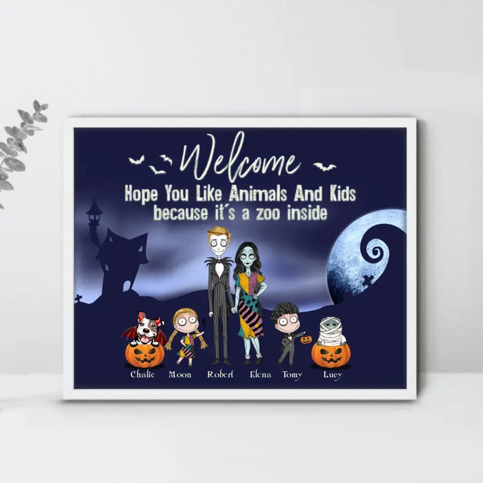 Custom Personalized Horror Family Poster - Couple With Upto 2 Kids And 3 Pets - Gift Idea For Family/ Dog/Cat Lover - Welcome Hope You Like Animals And Kids