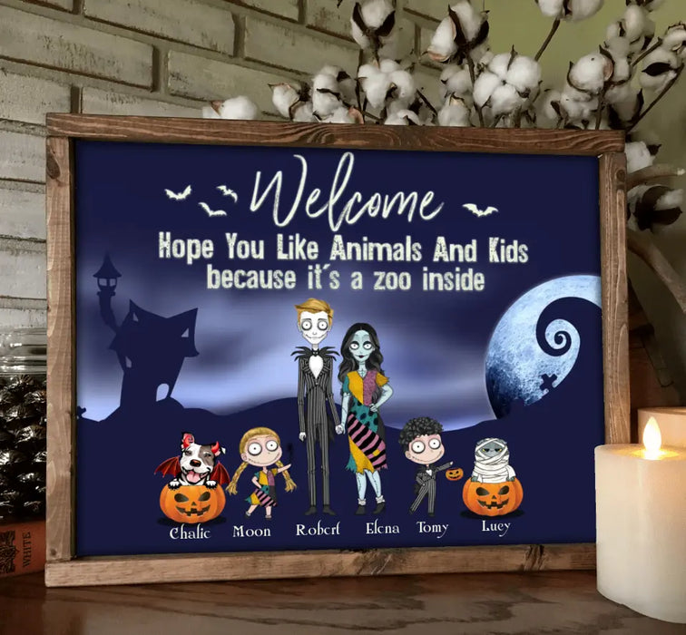 Custom Personalized Horror Family Poster - Couple With Upto 2 Kids And 3 Pets - Gift Idea For Family/ Dog/Cat Lover - Welcome Hope You Like Animals And Kids