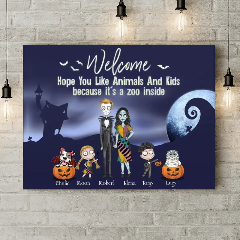 Personalized Horror Family Canvas - Couple With Up to 2 Kids And 3 Pets - Gift Idea For Family/Dog/Cat Lover - Welcome Hope You Like Animals And Kids