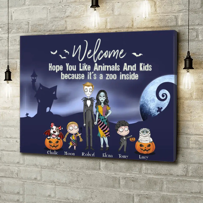 Personalized Horror Family Canvas - Couple With Up to 2 Kids And 3 Pets - Gift Idea For Family/Dog/Cat Lover - Welcome Hope You Like Animals And Kids