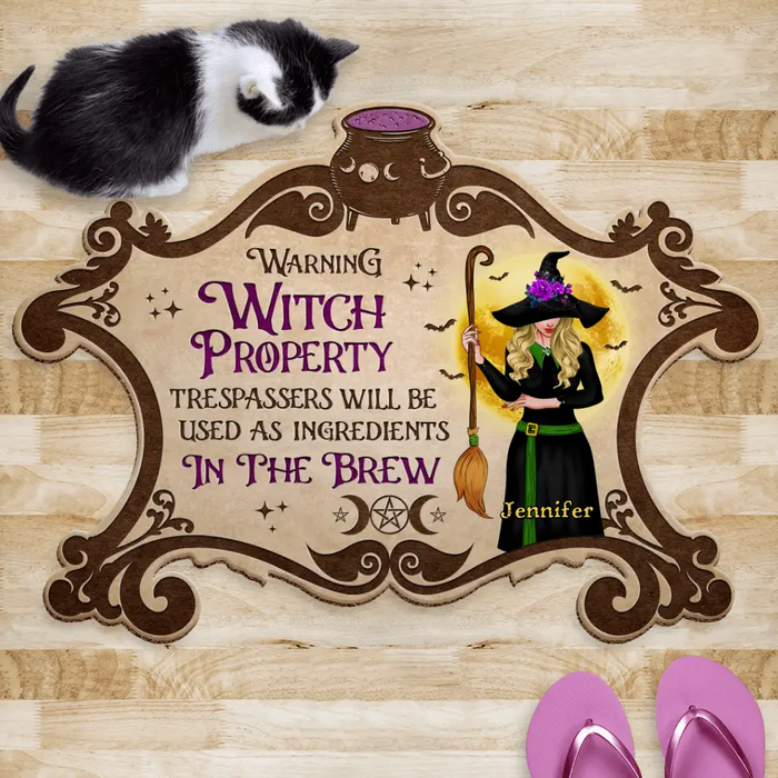 Personalized Witch Doormat - Warning Witch Property Trespassers Will Be Used As Ingredients In The Brew - Gift Idea For Halloween/ Friend