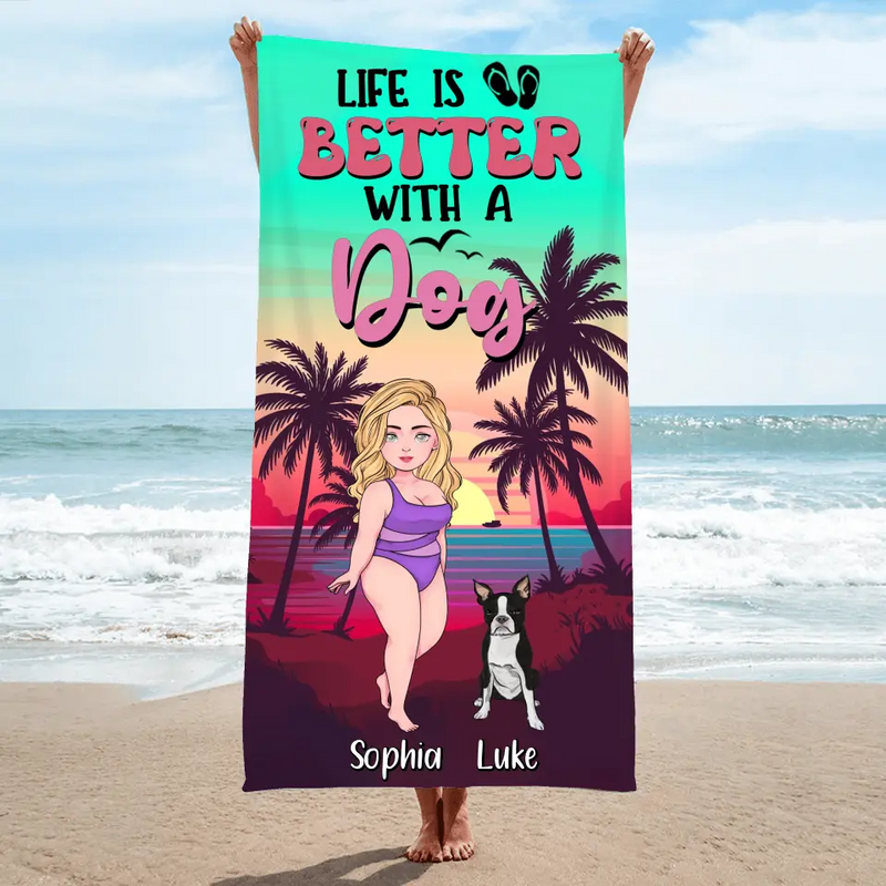 Personalized Dog Mom Beach Towel - Up to 4 Dogs - Gift Idea for Dog Lovers - Life Is Better With A Dog