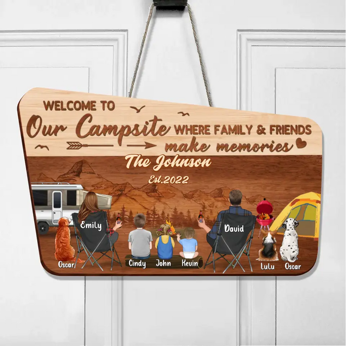 Custom Personalized Camping Family Wooden Sign - Parents/Couple/Single Parent With Upto 3 Kids And 3 Pets - Gift Idea For Family/ Camping/ Dog/Cat Lover - Welcome To Our Campsite