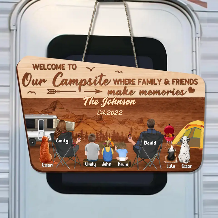 Custom Personalized Camping Family Wooden Sign - Parents/Couple/Single Parent With Upto 3 Kids And 3 Pets - Gift Idea For Family/ Camping/ Dog/Cat Lover - Welcome To Our Campsite