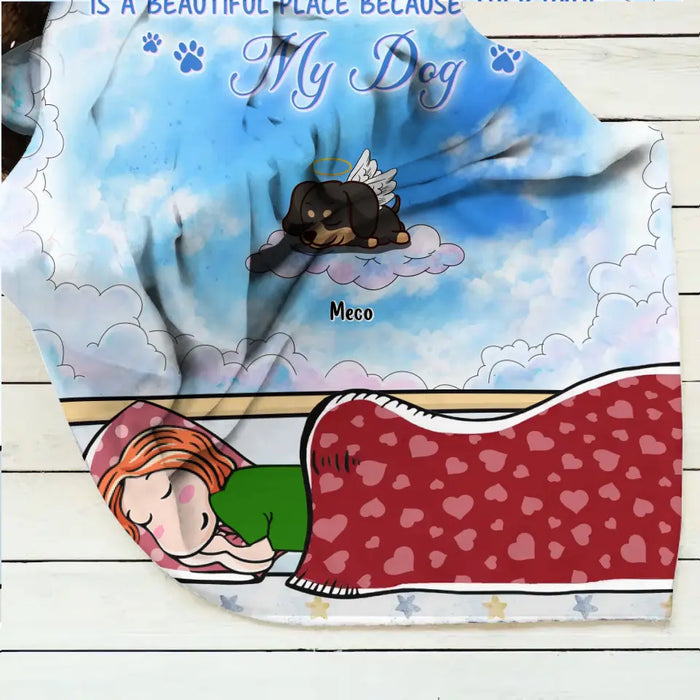 Custom Personalized Pet Single Layer Fleece/Quilt Blanket/Pillow Cover - Adult/Couple With Upto 6 Pets - Memorial Gift Idea for Dog/Cat Owners - I Know Heaven Is A Beautiful Place Because They Have My Dog