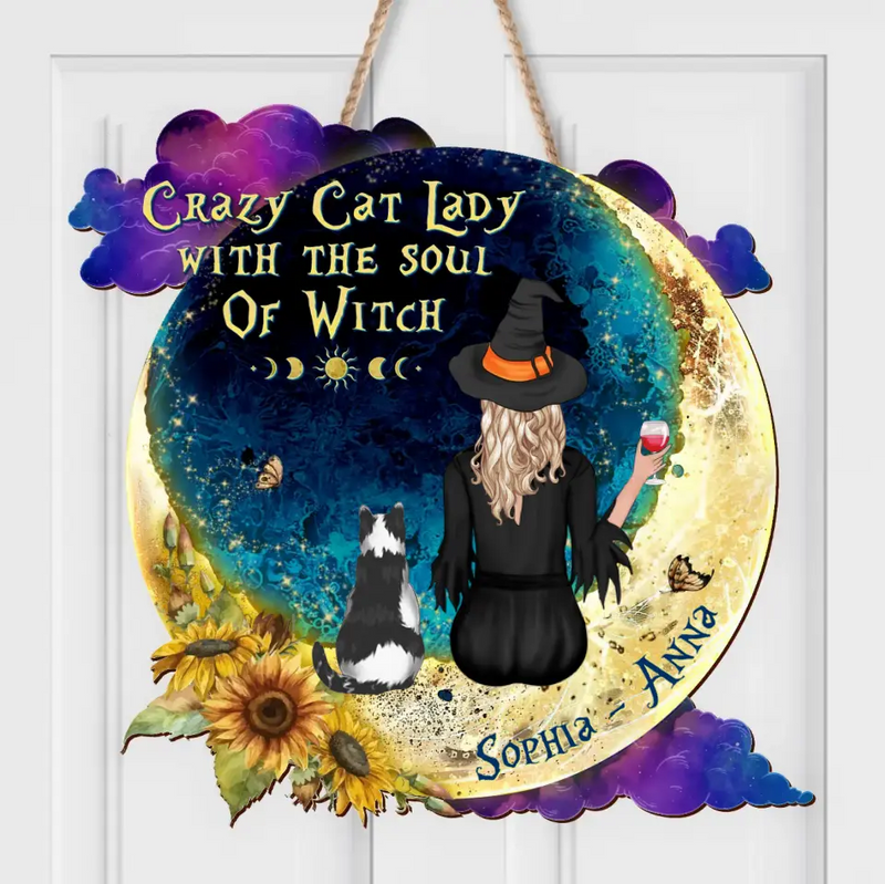 Personalized Cat Witch Wooden Sign - Gift Idea For Witch/Cat Lover - Up to 4 Cats - Crazy Cat Lady With The Soul Of Witch