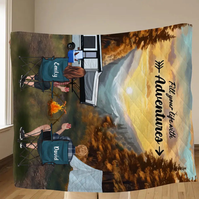 Custom Personalized Smoky Mountain Camping Quilt/Single Layer Fleece Blanket - Gift Idea For Couple, Camping Lovers, Family - Upto 5 Kids, 4 Pets - Fill Your Life With Adventures