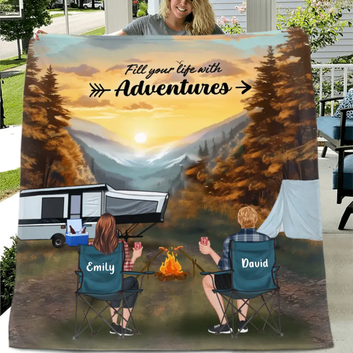 Custom Personalized Smoky Mountain Camping Quilt/Single Layer Fleece Blanket - Gift Idea For Couple, Camping Lovers, Family - Upto 5 Kids, 4 Pets - Fill Your Life With Adventures