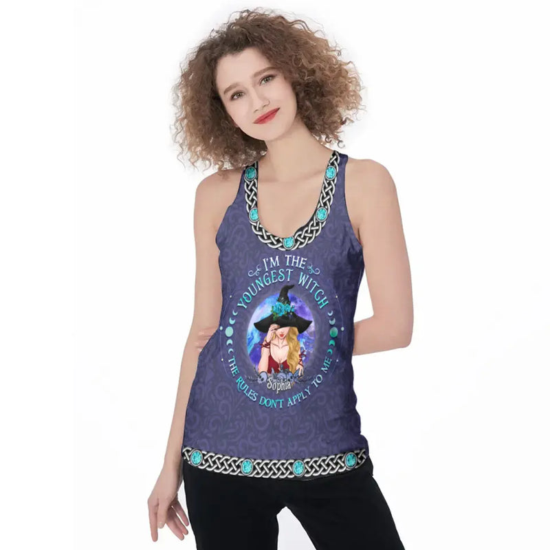 Personalized Witch Sister AOP Women's Racerback Tank Top - Gift Idea for Witch Lovers/Sisters - I'm The Youngest/Middle/Oldest Witch